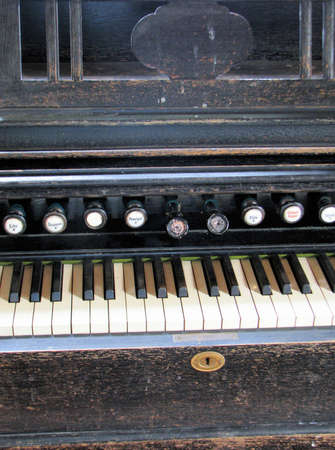 Keyboard and stops of a classic wooden organの写真素材