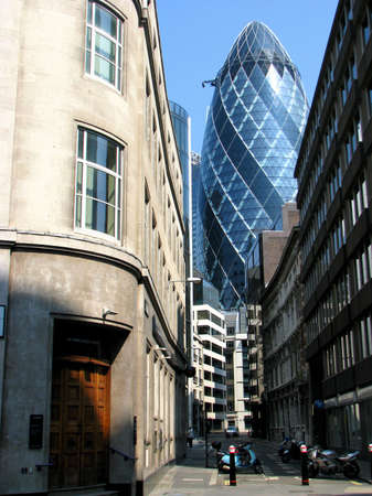 The modern 30 St Mary Axe in London, UK  The building is called Swiss Re Building or informally the Gherkin のeditorial素材
