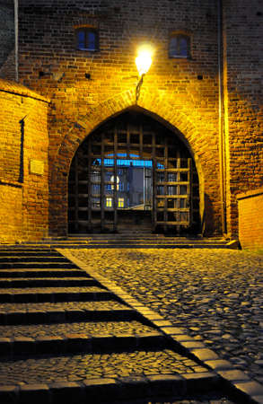 Water gate Brama Wodna in Grudziadz city at night, Polandのeditorial素材