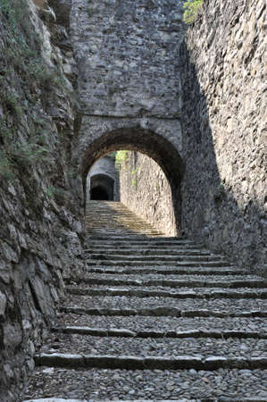 Old stairs made of stone leading to castle in Brescia, Italyのeditorial素材