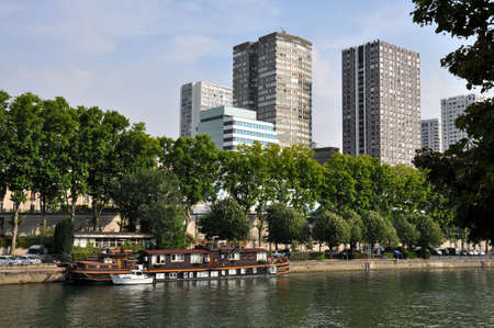 View on Seine river and skyscrapers in Paris, France.の写真素材