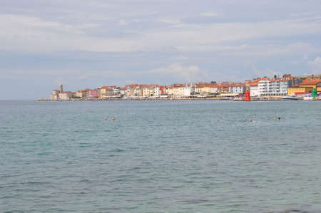 Panorama of beautiful Piran over Adriatic Sea, Sloveniaの写真素材