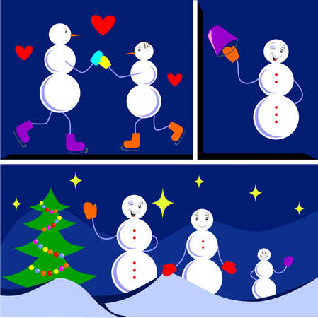 set of funny illustrations with snowmen .のイラスト素材