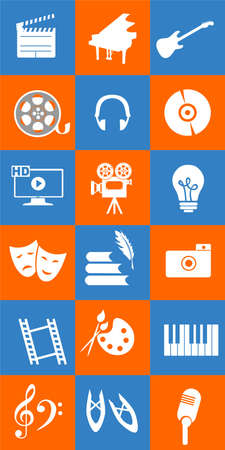 set of icons dedicated to arts: painting, music, literature, ballet, theater and cinema.のイラスト素材