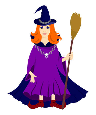illustration on the theme of magic and witchcraft, the red-haired witch with broom.のイラスト素材