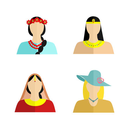 set of silhouettes of womans of different nationalities in their national costumes.のイラスト素材