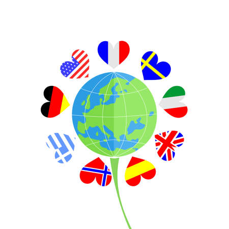 Illustration in the style of a flat design with a globe and flags.のイラスト素材