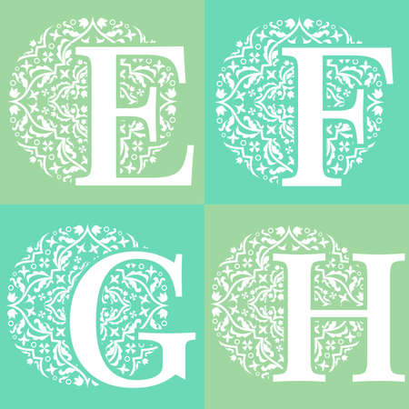 set of stylized letters of the alphabet decorated with ornaments.のイラスト素材
