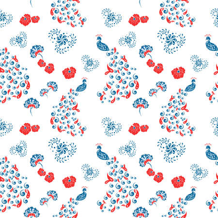 beautiful background in blue and red with peacocks and flowers.