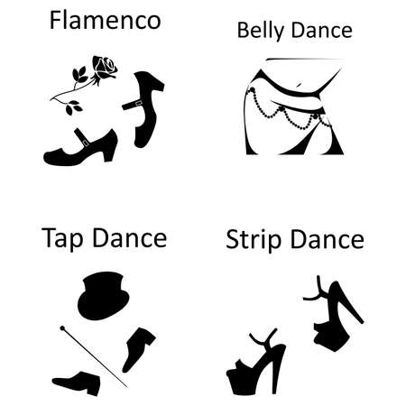 illustration - set of elements dedicated to dance - belly dance, tap dance, flamenco dance and strip.のイラスト素材