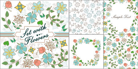 set of seamless backgrounds and frame with beautiful flowers.のイラスト素材