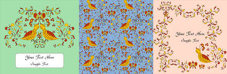 illustration - set - with a beautiful ornament and birds.のイラスト素材