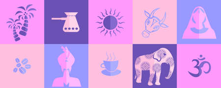 set of icons in the style of a flat design on the theme of india.のイラスト素材