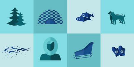 set of icons in the style of a flat design on the theme of Eskimo.のイラスト素材
