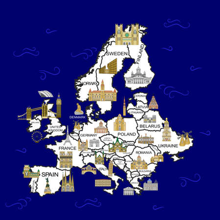 Illustration in the style of a flat design with the main sights of some European countries.のイラスト素材