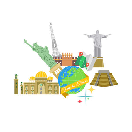 An illustration in the style of a flat design dedicated to traveling around the world.のイラスト素材