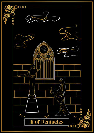 the illustration - card for tarot - The III of Pentacles.のイラスト素材