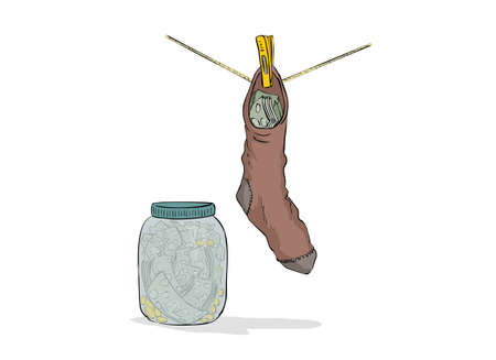Money deposited into the jar and stockingのイラスト素材