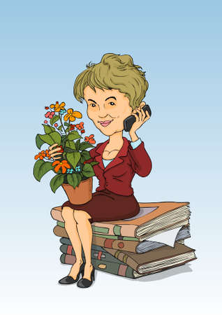 Lady talking on the phone, sitting on a pile of booksのイラスト素材