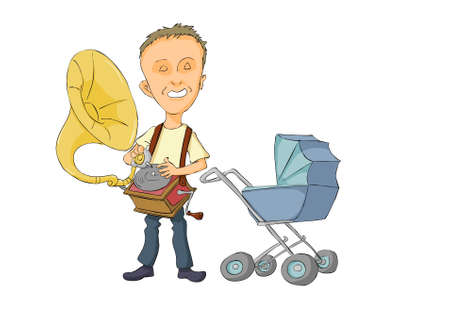 A man with a smile playing gramophones for childのイラスト素材
