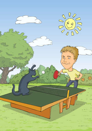 Man playing ping pong with a blue catのイラスト素材