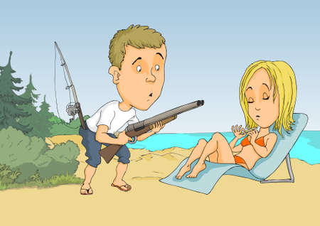 Man and woman resting on the beach each of their interestsのイラスト素材