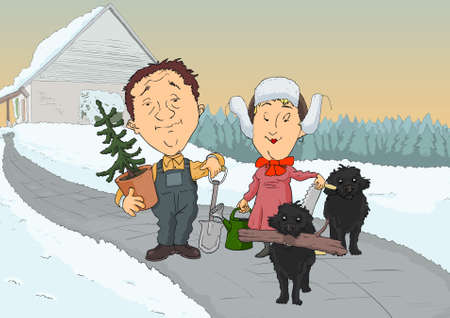 Two farmers with two dogs and tools go to workのイラスト素材