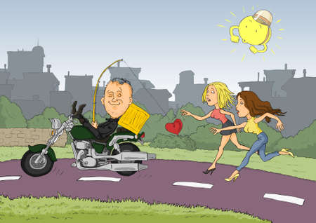 Conceited man driving a motorcycle and two women running after himのイラスト素材