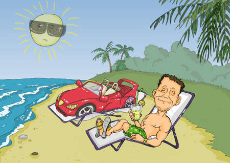 Man sunbathed on the beach with a sports carのイラスト素材