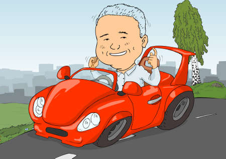 Happy man driving on the highway with a sports carのイラスト素材