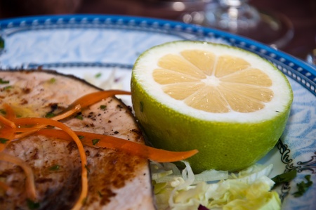 grilled swordfish and lemonの写真素材