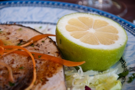 grilled swordfish and lemonの写真素材