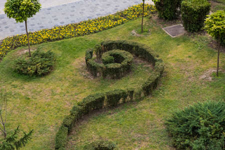 An arrangement with a special grass design in a Romanian city photographed from above. Selective focusの写真素材