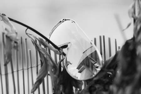 Oversized sunglasses model with big lenses and metal framereflecting the sun closeup.Selective focusの写真素材