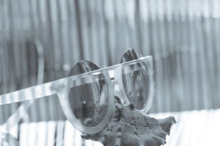 Cat eye sunglasses model profile for ladies stay on a shell in summer day closeup. Selective focusの写真素材