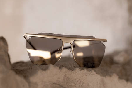 Futuristic sunglasses with big lenses closeup.