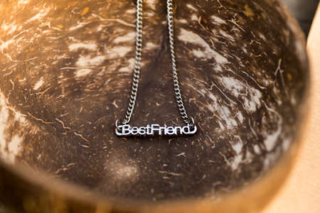 Best Friend Word Pendant necklace shoot in a sunny day outside closeup. Selective Focus