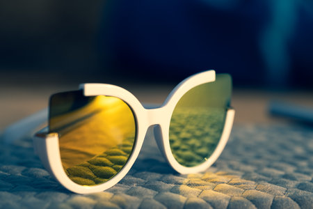 Cat eye sunglasses special model for women golden lenses and whit frames color shoot outside in a summer day closeup. Selective focusの写真素材