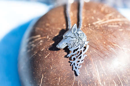 Pendant wolf head necklace silver outside in a summer day closeup. Selective Focusの写真素材