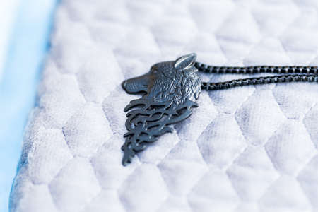 Pendant wolf head necklace black color shoot outside in a sunny day closeup. Selective Focusの写真素材
