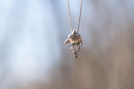 Pendant wolf head necklace silver outside in a summer day closeup. Selective Focusの写真素材