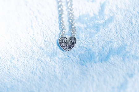 Pendant Best friends heart made up of two parts necklace shoot outside in a summer day closeup....