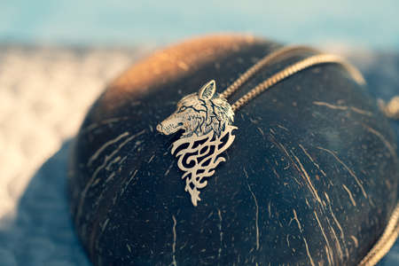 Pendant wolf head necklace golden color stainless steel shoot outside in a sunny day closeup....