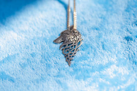 Pendant wolf head necklace golden color stainless steel shoot outside in a sunny day closeup....