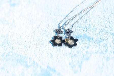 Pendant best friends two parts necklace shoot outside in a summer day closeup. Selective Focus
