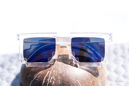 Blue lenses pixel sunglasses model shoot in a summer day closeup. Selective focusの写真素材