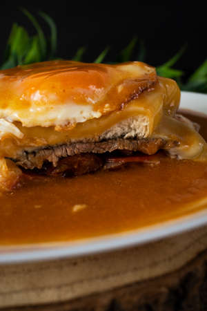 Typical portuguese dish: francesinha with french fries.の写真素材