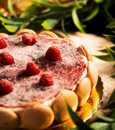 Raspberry and macarons cake.