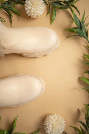 Product photo: beige female boots on beige background.