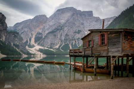 Braies Lake, in the Dolomites mountains, in Italyの写真素材